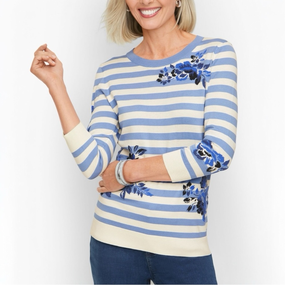 NWT Talbots Striped Blue and Cream Floral Print Sweater Size Medium